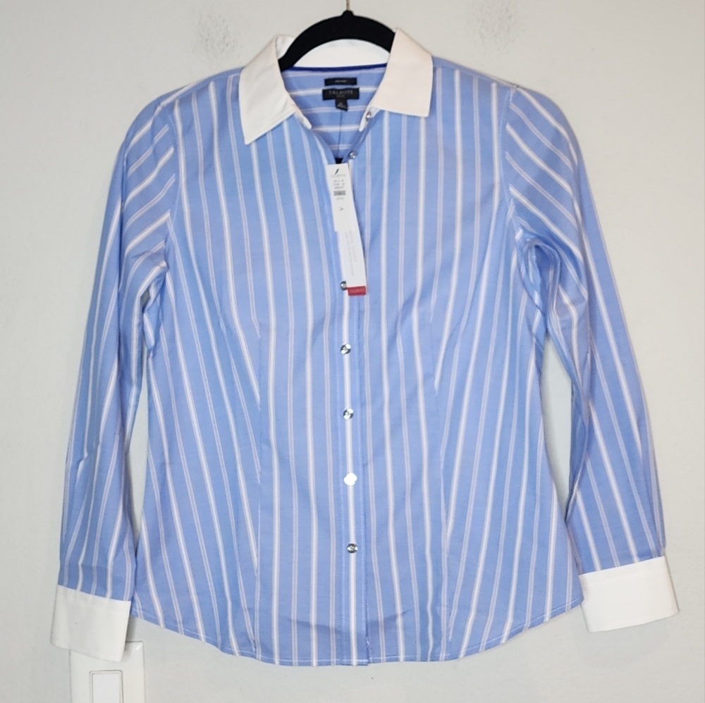 NWT Talbots Blue Stripe Non-Iron long sleeve button down cotton shirt. Size 0P